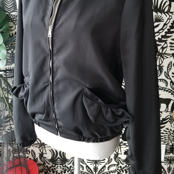 Black Bomber Jacket Ruffle Silver Zipper M - Picture 3 of 6